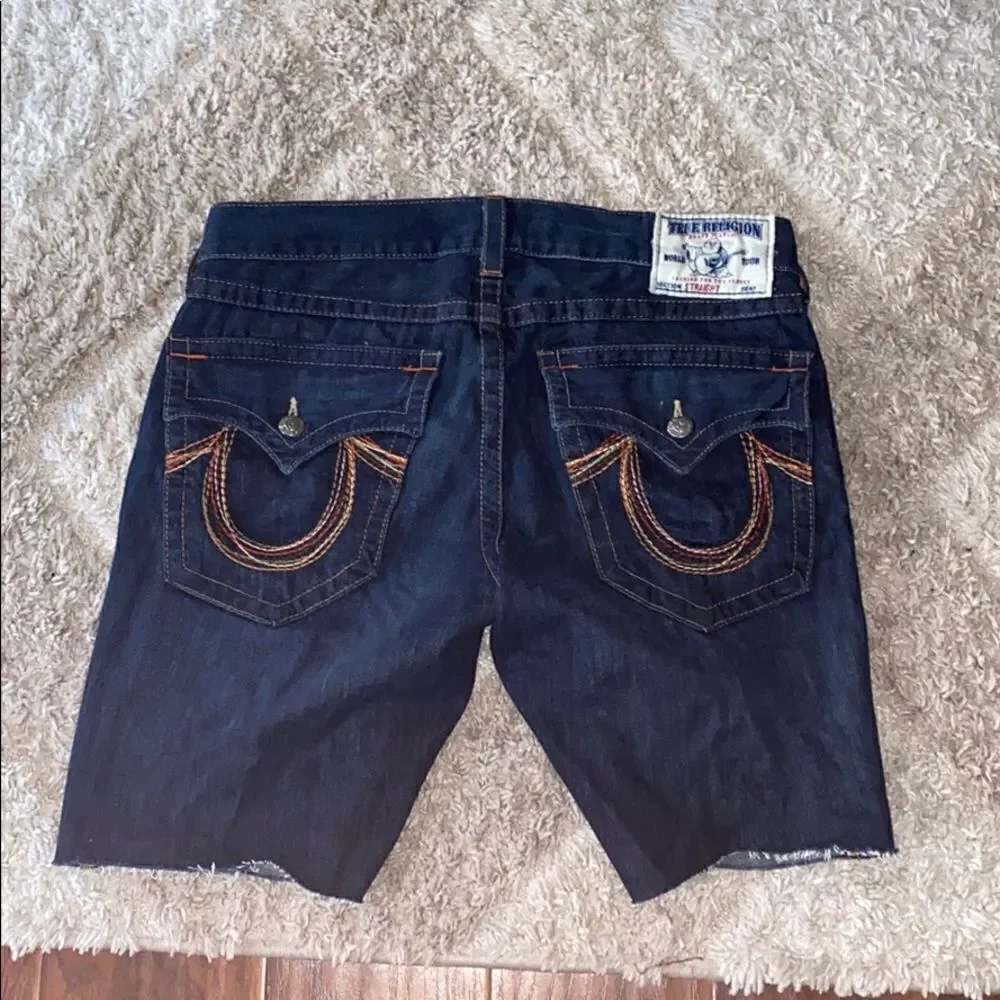 True Religion Blue Denim Manmade Rainbow Horseshoe Casual Cutoff Shorts